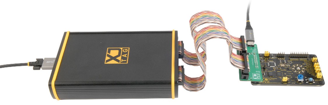 XJTAG XJLink-PF20 test controller connected to demo board