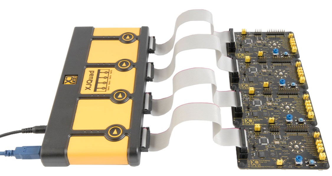 XJTAG XJQuad test controller connected to demo board