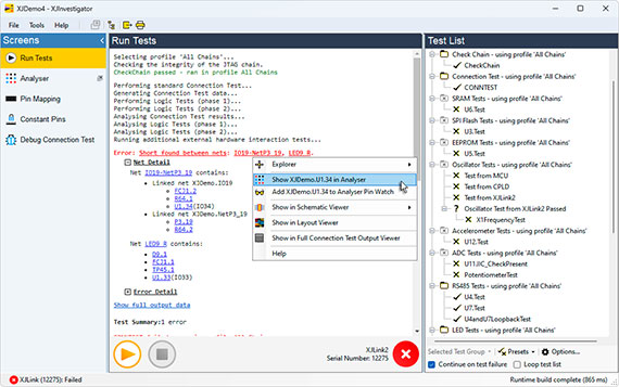 XJInvestigator 'Run Tests' Screen