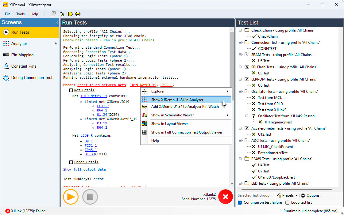 XJInvestigator 'Run Tests' Screen