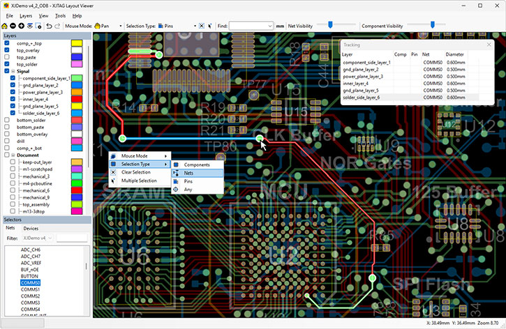 XJTAG Layout Viewer highlighting selected net between MCU and CPLD - thumbnail