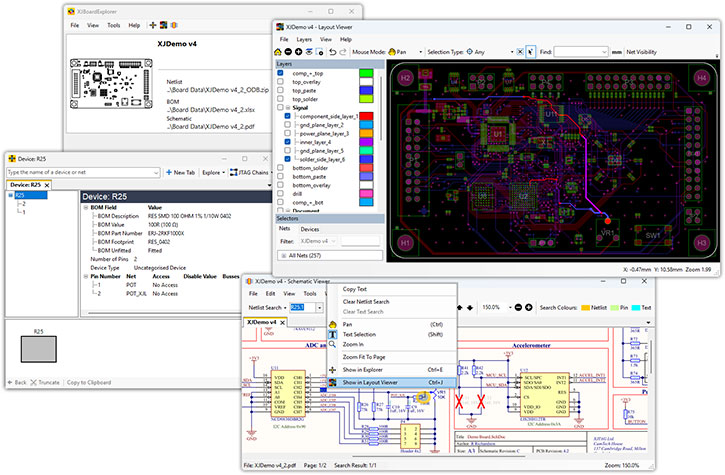XJBoardExplorer thumbnail: Netlist Explorer, Layout Viewer, Schematic Viewer screenshots